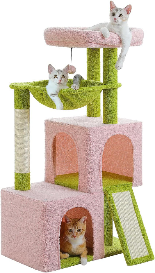 PAWZ Road Large Cat Tree, 41 Inches Multi-Level Cat Tower with 2 Spacious Condos for Large Indoor Cats, Pink Flower Cat House with Comfy Hammock, Padded Perch, Scratching Pad and Replaceable Balls