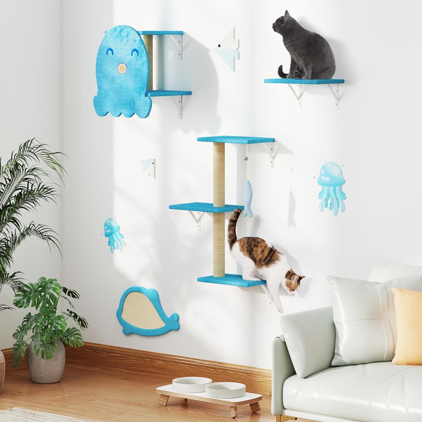 COZIWOW 4-Piece Wall-Mounted Cat Tree Set – Sturdy Wood Pet House, Scratching Board, Platforms, Sisal Posts & Blue Fish Charm – Ocean Blue