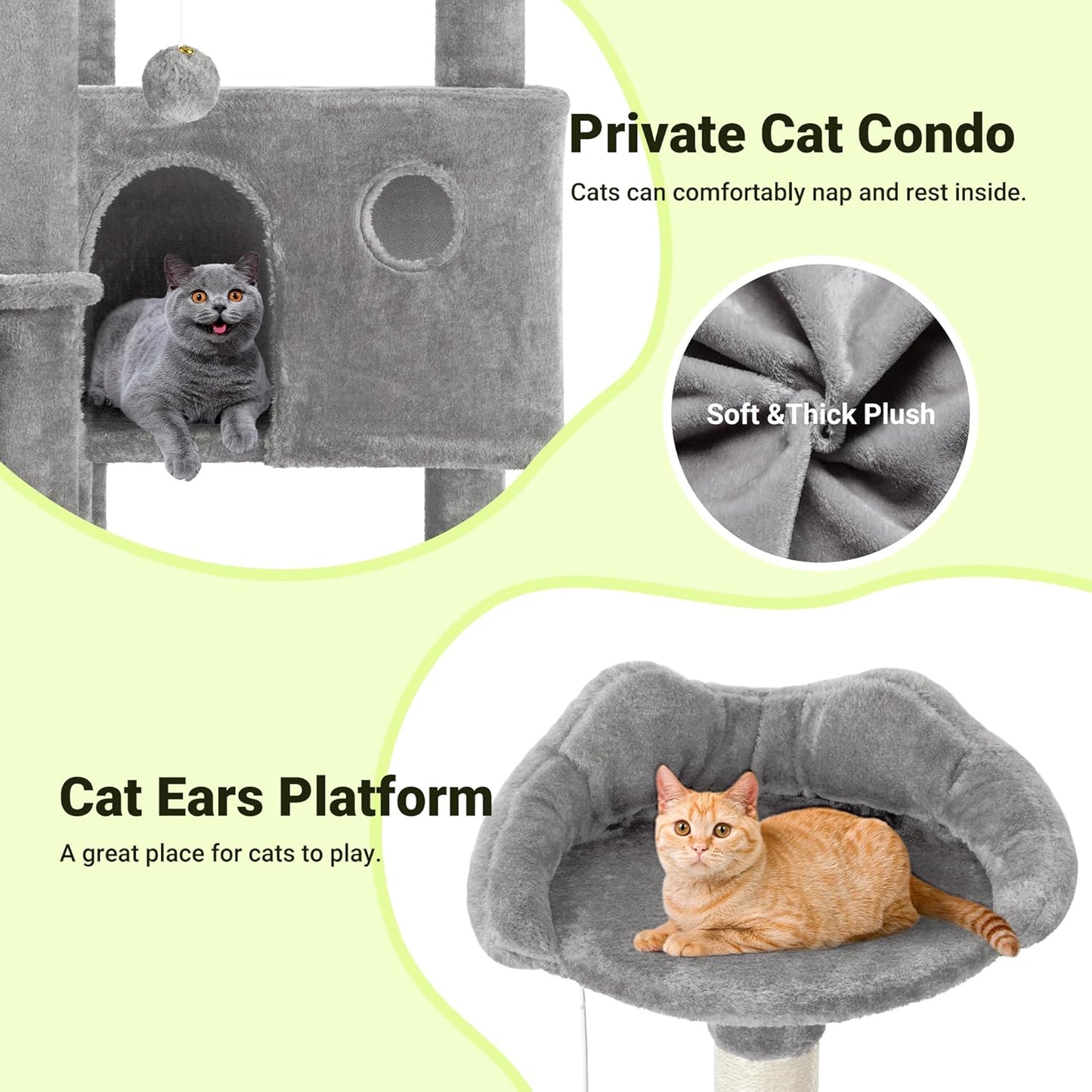 Allewie 64 Inches Cat Tree Tower/Multi-Level Activity Center for Indoor Big Felines/2 Plush Condos/2 Perchs/Basket/House/Sisal Scratching Posts/Hanging Cat Toys/Grey