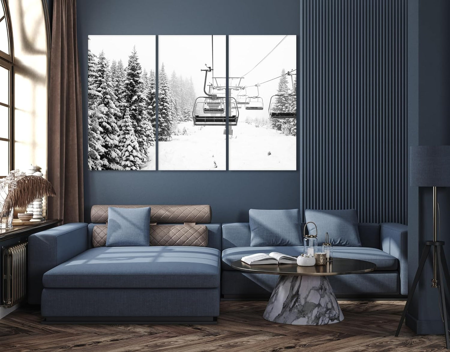 Nature Wall Art Prints - Ocean Forest Mountain Lake Canvas Landscapes - Small to Extra Large Living Room Bedroom Kitchen Bathroom Décor (Ski Lift on Snowy Mountain, 39L" x 59W" - 3 Panels)