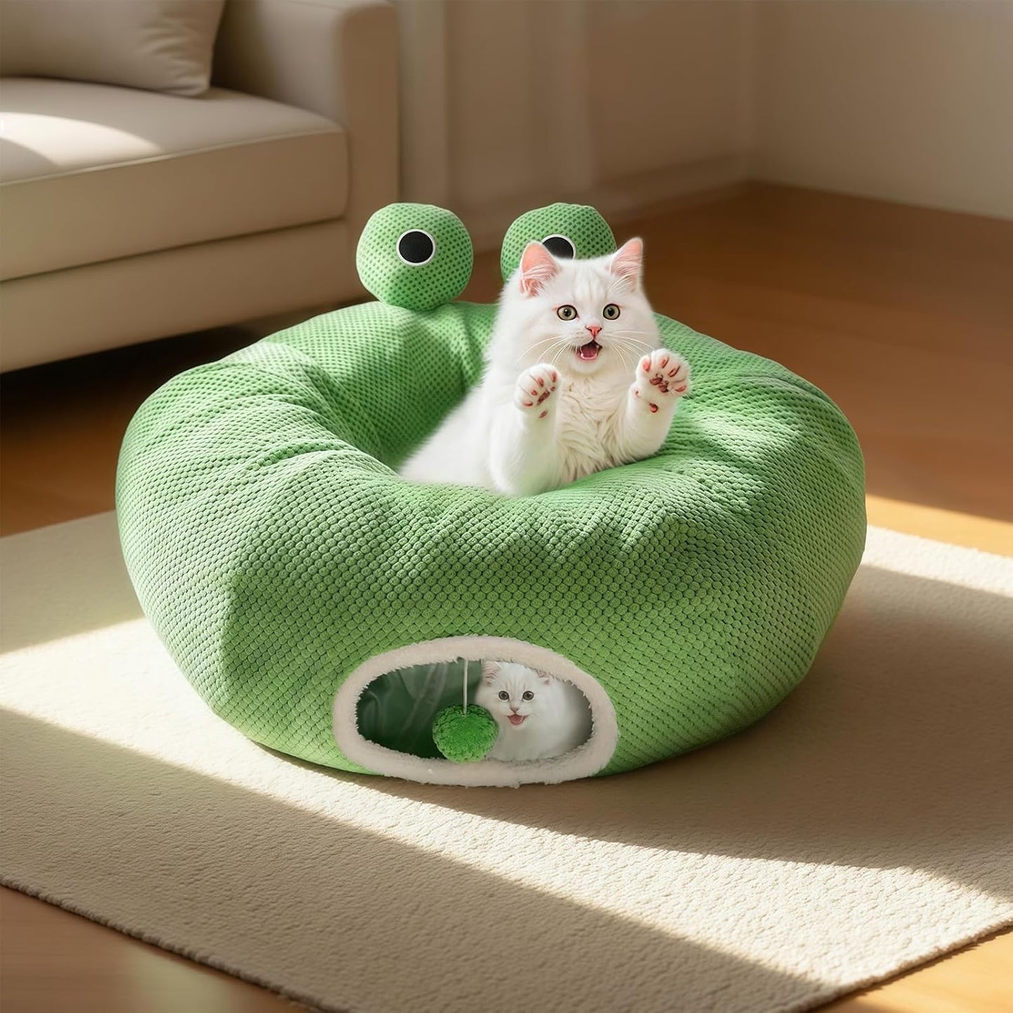 Cat Tunnel Bed for Indoor Cats, Peekaboo Cat Cave Bed,Soft Cat Donut Tunnel for Kitten Large Cats, Cute Frog Shaped