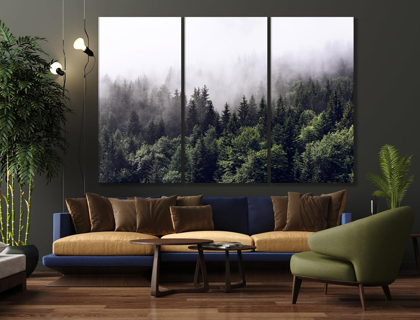 Nature Wall Art Prints - Ocean Forest Mountain Lake Canvas Landscapes - Small to Extra Large Living Room Bedroom Kitchen Bathroom Décor (Foggy Pine Forest, 39L" x 59W" - 3 Panels)