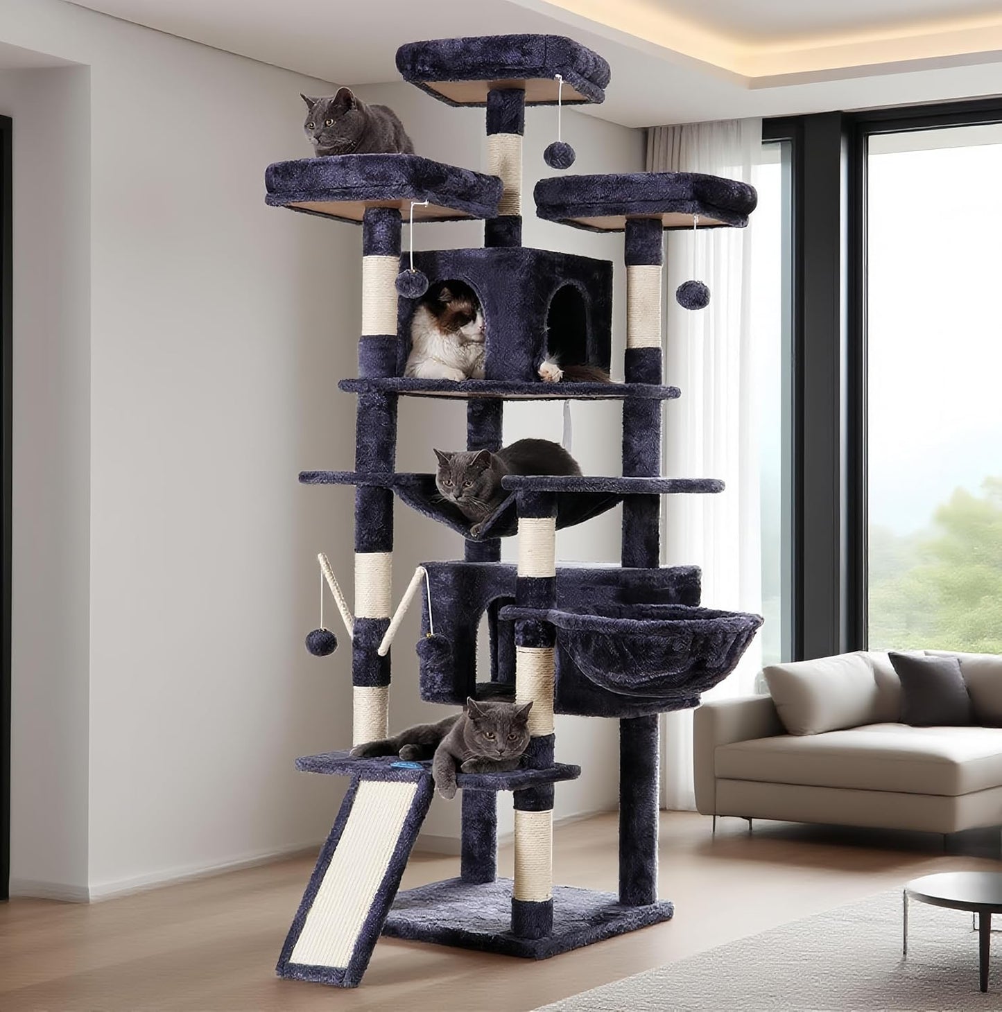 Hey-brother Cat Tree, 71 inches XL Large Cat Tower for Indoor Cats, Multi-Level Cat House with 3 Padded Perches, Big Scratcher, Cozy Basket, 2 Cat Condos and Scratching Posts, Smoky Gray MPJ034G