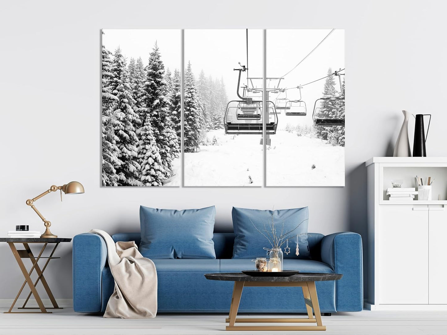 Nature Wall Art Prints - Ocean Forest Mountain Lake Canvas Landscapes - Small to Extra Large Living Room Bedroom Kitchen Bathroom Décor (Ski Lift on Snowy Mountain, 35L" x 53W" - 3 Panels)