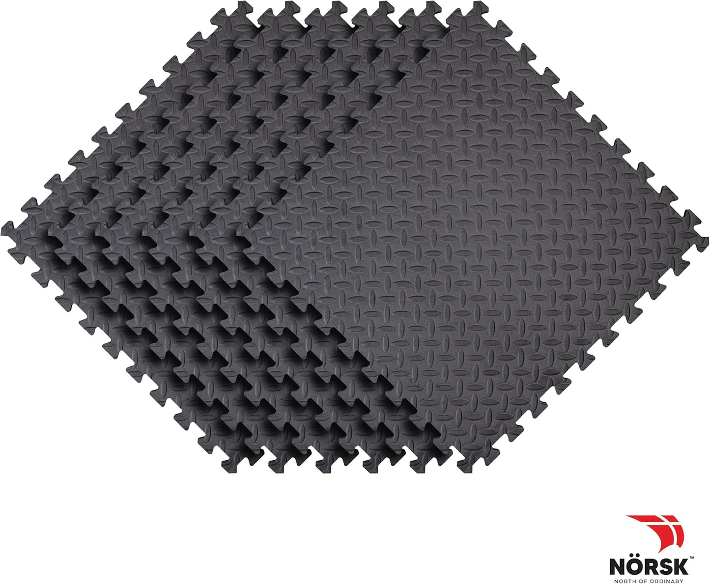 Norsk Foam Floor Gym Mats with Interlocking Tiles, .47" Thick, 24"x24", 36-Pack, 144 Square Feet, Diamond Plate Design, Grey