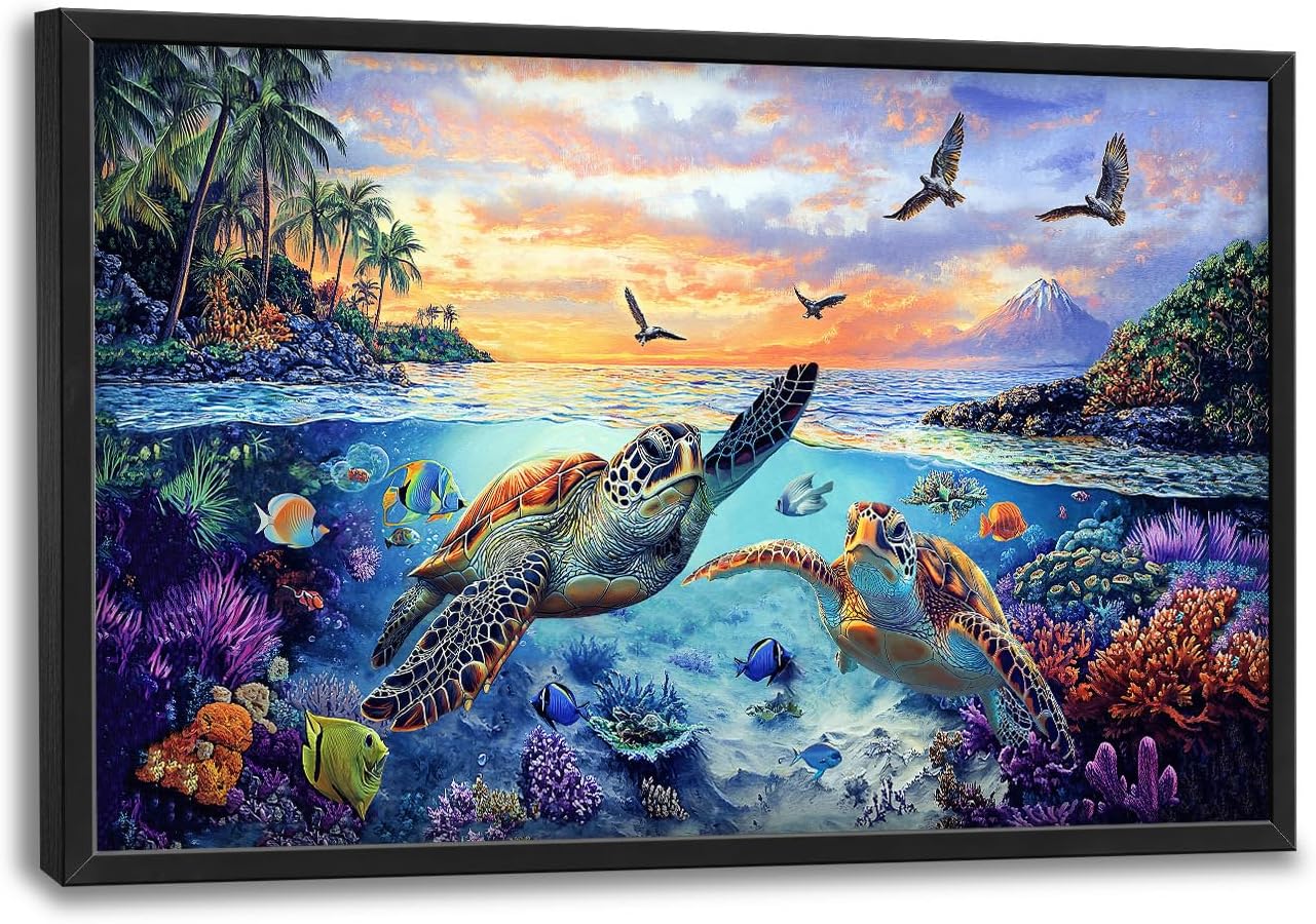 Framed Large Sea Turtle Wall Art for Living Room, Oversized Ocean Turtle Wall Decor Seascape Underwater Marine Life Canvas Painting Home Decoration for Living Room Bedroom Office 36"x24"
