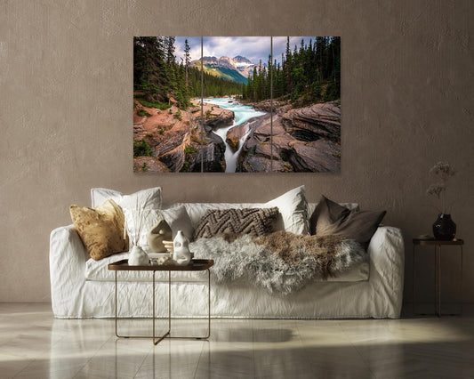 Nature Wall Art Prints - Ocean Forest Mountain Lake Canvas Landscapes - Small to Extra Large Living Room Bedroom Kitchen Bathroom Décor (Mountain River Waterfall, 55L" x 83W"- 3 Panels)