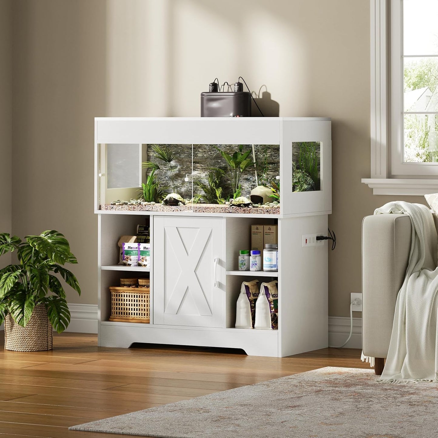 40 Gallon Reptile Terrarium Tank with Storage Cabinet, Reptile Tank with Stand, for Leopard Geckos, Corn Snakes, Juvenile Pets, Sliding Acrylic Doors, Mesh Top, Power Outlet, White PX03RTW