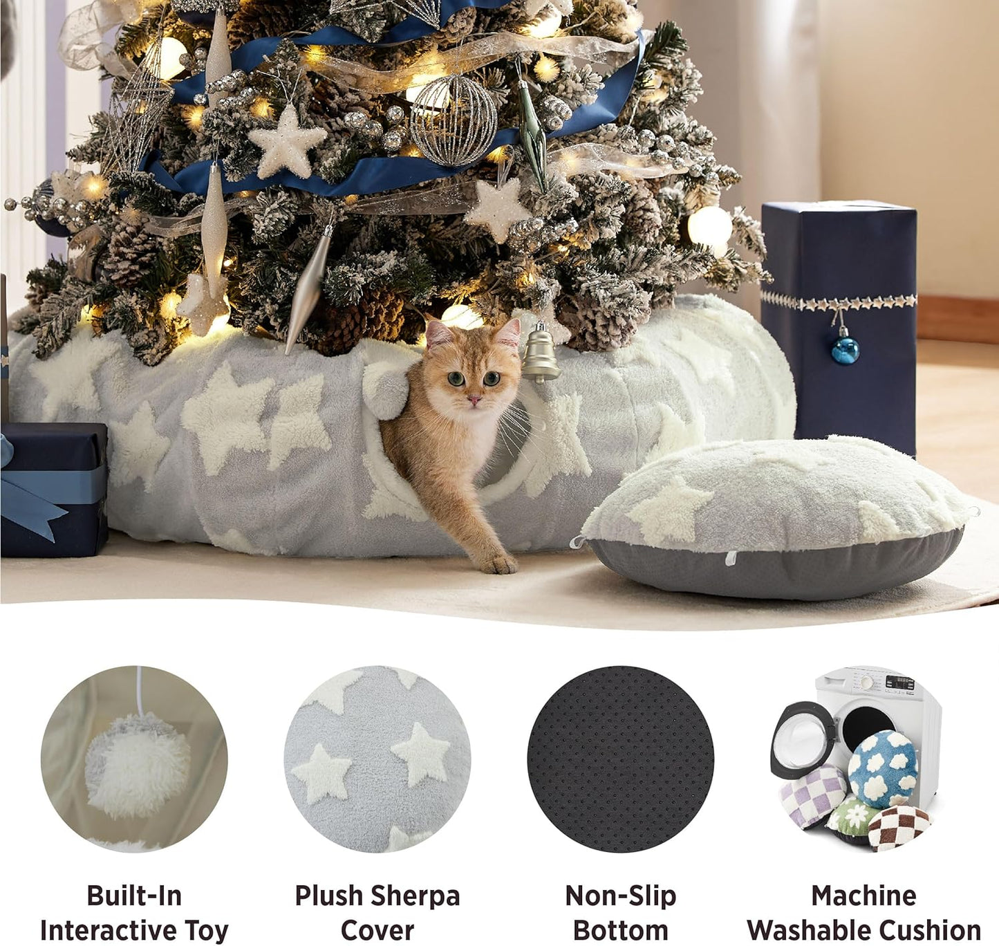 Lesure Cat Tunnel Bed for Indoor Cats - Cute Cat Donut Tunnel Toys for Small Large Cats with Washable Circle Cushion, Round Pet Peekaboo Cave Toy for Kitten/Puppy/Rabbit, Standard Grey