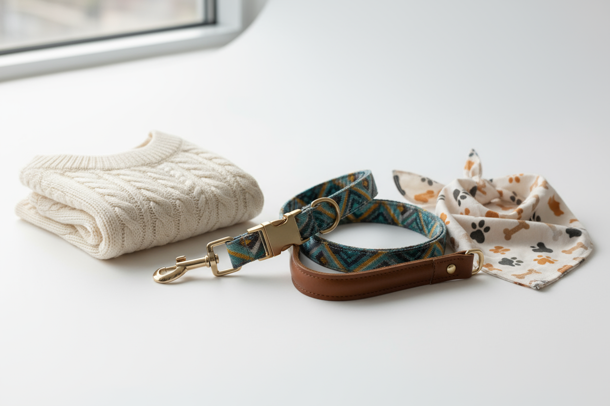 Stylish collars, leashes, and clothing that make your pet feel comfortable and look adorable. (make it real photo)