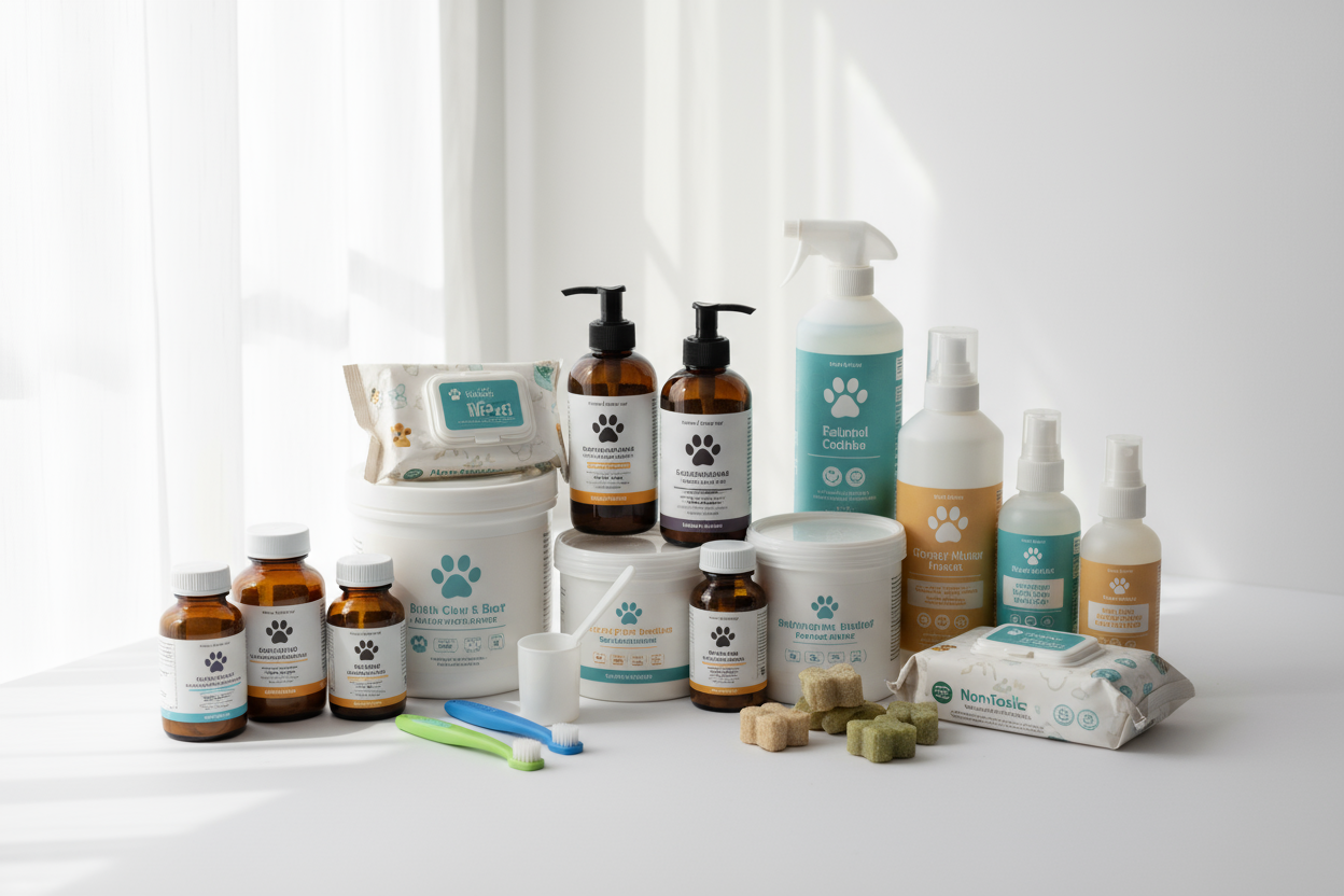 Supplements, dental care, and hygiene items designed to keep your pet thriving. (make it real photo)